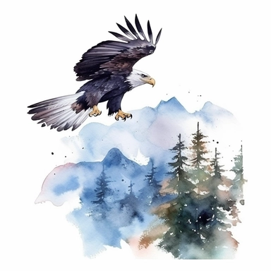 watercolor style, eagle with the mountain forest in the back clipart, isolated on white background, hd