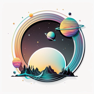 logo, geometric frame, vector, clipart, modern, northern lights, planets, outer space, cartoon, clean lines,