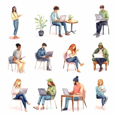watercolor, Set of freelance people working remotely Collection of man and woman use computer or laptop at comfortable workplace isolated on white. Self employed person at home office png Full body realistic cartoon in 32K UHD cute. 15 cm thick outline. Black color. There was no shadow on the ground. 8k with realistic watercolors and detailed illustrations. PNG clipart, transparent white background