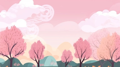a pink sky with clouds and trees in the foreground, a storybook illustration, inspired by Kanzan Shimomura, color field, game asset of plant and tree, clipart, easter, grows up to the sky, beautiful panoramic imagery, artsation contest winner, nursery poster, full image, hand drawn svg high resolution, HD