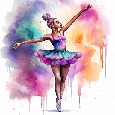 2d watercolor clipart kawaii, character of a beautiful adult african american ballerina with a long braid doing a grand pirouette, beautiful lights, colorful, and sparkling, magical, full body image, asymmetric, intricately rendered, generously detailed, intricately detailed,
