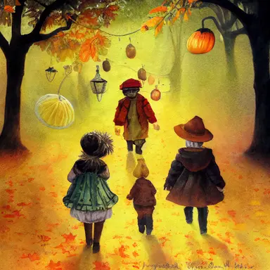children in autumn clothes on a lantern parade, toadstools, waldorf, martinmas, chalk, watercolor, clipart, white background, cartoon