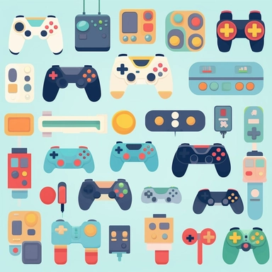 Gamepads vector clipart, vector cute collection, in the style of# screenshotsaturday, light blue soft pastel background, flat areas of color, flat color blocks, 1970–present, rough - edged 2d animation, lightbox, colorful animation stills, high quality clipart, front view