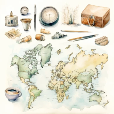 watercolour, travel theme, map, journal, soft and muted nuances, high quality detail, clipart, 8k, f1