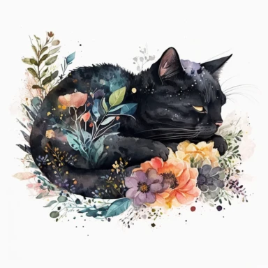 Cute Beautiful Lazy Black Cat Sleeping On Flower Watercolor Sublimation Clipart,Cartoon,hyper realistic, intricate detail, illustration style,high solution,on the white background