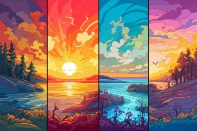 russian poster on canvas stock vector and clipart, in the style of luminous landscape painting, multiple screens, magenta and amber, noah bradley, calm seas and skies, panel composition mastery, vibrant neo-traditional