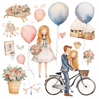 Watercolor wedding cute illustrations clipart set, simple, soft colors, cartoon elements, different variants, girl with long braids on wedding day, wedding, husband and wife, veil, garland, balloons, wedding bouquet, gold rings, wedding cake, wooden elements, they sit on a bench, on a car, on a bicycle, white transparent background, separate elements with a margin