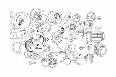 A one line vector of technology, in the style of mechanical animation, clipart, clean look at how technology can make complex things easier to understand, no words, white background