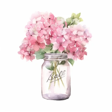 a charming watercolor clip art composition featuring a bouquet of pink hydrangeas in a rustic mason jar, watercolor hydrangea clip art, white background