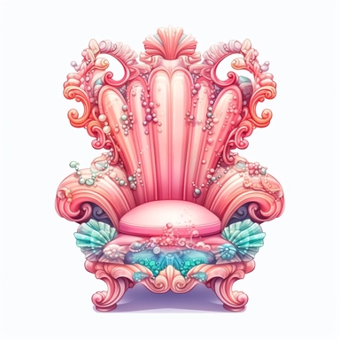 Pastel Cute Beautiful Fairy Chair Coral seashell Sublimation Clipart,Cartoon, hyper realistic, intricate detail, illustration style,high solution,on the white background