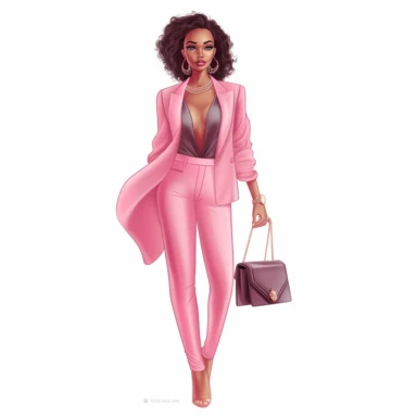 Professional black woman pink pants suit, facing camera, very fashionable, happy, confident, carrying small designer handbag, wearing high heels and bold jewelry. Illustration style, clip art