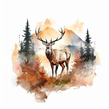 watercolor style, buck deer with the mountain forest in the back clipart, isolated on white background, hd