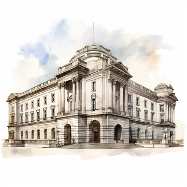 Isolated images, illustrations on a white background, facing front, elevation view, Irish House of Parliament Dublin Ireland, Clipart, watercolor, realistic, isolated, full building, highly detailed, hdr, 32K, photo expert quality, watercolor realistic, hyperrealistic and highly detailed, isolated on a white background