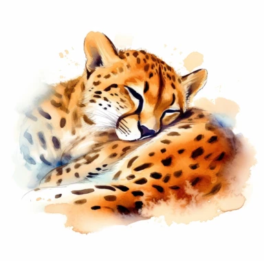 pair of cute cheetahs, lying side by side in a peaceful nap, vibrant watercolor, clipart, on a white background