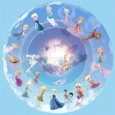 elsa`s world frozen animation style sky atmospher, don`t show characthers, disney pixar style, top view, circle format, clipart