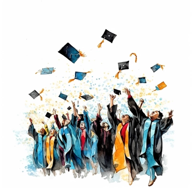 watercolor style, Graduation hat toss: Clipart showing a group of graduates throwing their caps in the air, celebrating the completion of their studies. clipart, isolated on white background, 4K