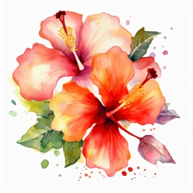 Watercolor Tropical Hibiscus Clipart by Thomas W. Schallerof: A vibrant and exotic design featuring tropical hibiscus flowers in shades of pink, orange, and red on a white background. The flowers are different-size and bold, while the leaves are thick and tropical, creating a lively and festive composition