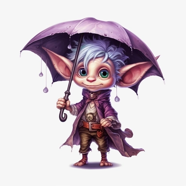 Cute Adorable magical little Elf with big pointed ears holds a umbrella in his hand wears a raincape and stand in the rain on a country road, clipart, photorealistic illustration, watercolor, high detail, 8k polished, 8k, vibrant colors, sticker, majestic, die cut, black and purple color, white background