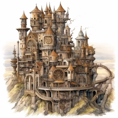 Watercolor hyperdetailed ultra realistic clipart of steampunk fictional worlds like Middle Earth, Hogwarts, or Narnia, including intricate details such as famous landmarks, architecture, and landscapes