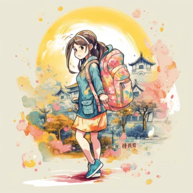 A detailed illustration of a Japanese kindergarten girl, going to school, wearing a cute backpack, style cartoon, colors, two-dimensional, planar vector, character design, T-shirt design, stickers, colorful splashes, and T-shirt design, Studio Ghibli style, soft tetrad color, vector art, fantasy art, watercolor effect, Alphonse Mucha, Adobe Illustrator, hand-painted, digital painting, low polygon, soft lighting, aerial view, isometric style, retro aesthetics, focusing on people, 8K resolution, u