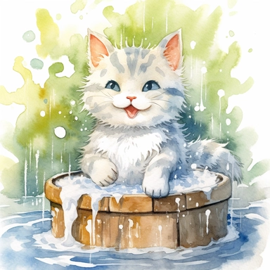 watercolor illustration, kitten smiling with an open mouth and with a towel over the head and enjoying a hot spring, surrounded by gentle steam rising from the onsen water, feeling the pleasant sensation. Small bubbles dance through its fur, creating a mysterious yet beautiful sight. The cat stretches out, gradually unwinding, as the warmth of the onsen melts away the tension in its muscles. It gracefully savors the serene atmosphere and the gentle touch of nature, embracing the tranquility of t