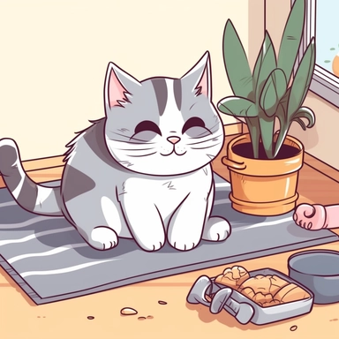 a cat lie on cat mat, hang a beautiful cat picture, small toy mouse, food and water on litter tray, interior, illustrator, sunny room, bold line, clipart, sticker, 8k detail