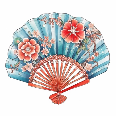 a cute one Japanese Folding Fan , decorate with japanese motifs ,watercolor Sublimation graphics, hand drawn illustration by katie daisy, Watercolor clipart, single design, single object, print on demand image, PNG transparent background, white background for removing background - - no text shadow font watermark, 8k