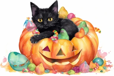 a large Halloween pumpkin, pumpkin is filled with colorful wrapped candies, lollipops, and candy corn, inside the pumpkin is a cute little black kitten with big green eyes, scattered candy is laying flat around the pumpkin, Halloween colors, magic, fantasy, watercolor, clipart style, white background with margins