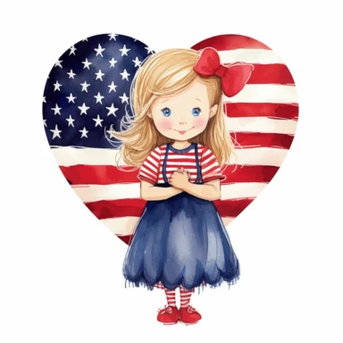 a heart independence day u.s.a. super-cute , Perfect for nursery art and children's book illustration style, simple, cute, full color, clipart, watercolor illustration, single object, white background for removing background