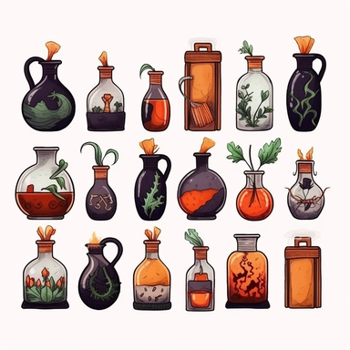 Witches inventory, flasks, illustrated clipart, minimalist, isolated white background, 8k