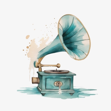 Watercolor blue gramophone, wedding clipart, simple, soft colors, cartoon elements, watercolor boho style, white transparent