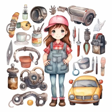 cute kawaii car girl mechanic, repairman tools, watercolor white background clipart set single elements with margin