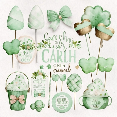 5 st. Patrick candy cliparts with baby props, on paper texture background, simple, cute green colors, boho, baby shower, 8K, high resolution, boho style, watercolor, by chonnieartwork style