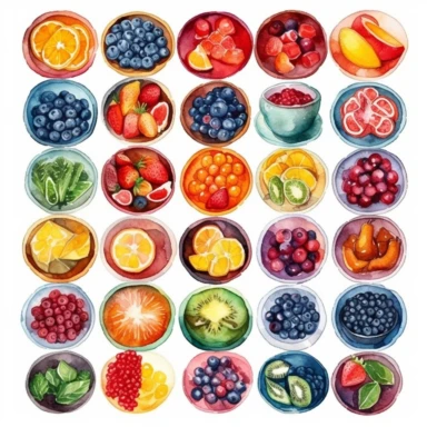 watercolor clipart of a collection of various nutritious healthy bowls, presented in a flatlay style with a top-side view on a clean white background. Each bowl should be filled with a visually appealing arrangement of nutritious ingredients, showcasing their vibrant colors and textures. Ensure that the bowls are not overlapping or interacting with each other, maintaining a clear separation between them. Capture the details of each ingredient with delicate watercolor strokes, emphasizing their f