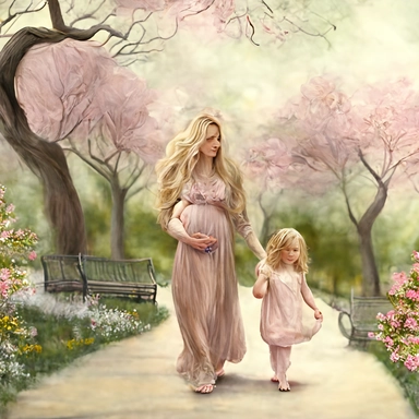 beautiful young pregnant mother with long beautiful blonde hair, toddler daughter with long beautiful hair, both facing forward, holding hands walking in park, flowering trees, path lined with benches, highly detailed, detailed face, realistic, fantasy, ethereal, soft colors, sharp focus, clipart style, fix dress