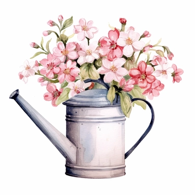 realistic high detailed watercolor provencal watering can with sakura bouquet inside clipart, white background