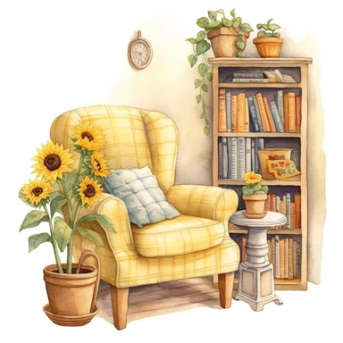 Watercolor style, a cozy armchair, sunflowers, plant, flower, cozy, window, bookshelf, book, interior, cozy window, white, bookcase, aesthetic, cozy aesthetic, houseplants clipart, pastel yellow and light brown colours, by Marjolein Bastin