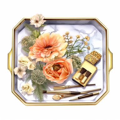 watercolor ultra realistic and hyper detailed illustration of a rectangle luxury gold and marble tray with makeup, floral, clipart, white background