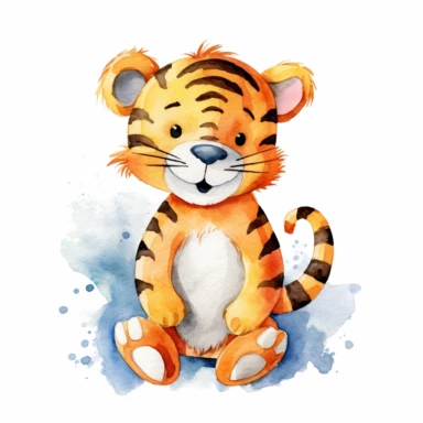 a colorful tigger with kind eyes clipart with watercolor illustration,full body shot,8k,etsy style, white background