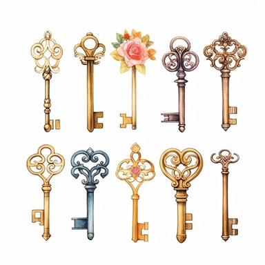 assorted gold keys inspired by Alice in wonderland watercolor illustration, design elements isolated on white background, vintage clip art - Image #4 <@1098423716465102849>