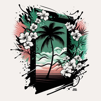 palm tree clipart and flowers, waves, inside a rectangle, black and green with coral, tshirt design vector, contour, white background
