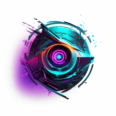 futuristic cyberpunk black insignia with a symbol of an open eye, surrounded by shadows, representing the AI, neon colors, clipart, cartoon style, grunge effect, schematic, pastel color palette, gamer item, very high quality, perfect details, ultra clear lines, isolated on white background
