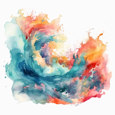 watercolor crashing waves, shades of coral turquoise yellow and blue, glamorous, very detailed and realistic, white background with margins, clipart style