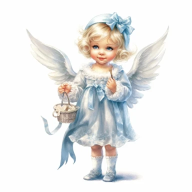 A little angel holding a basket of eggs.