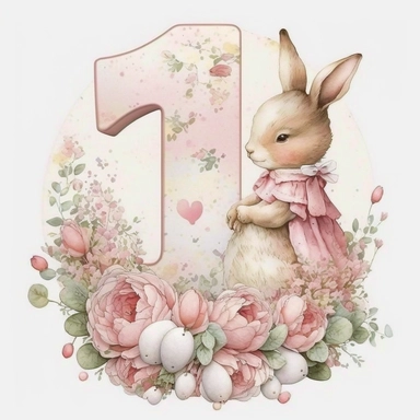 a beautiful watercolour 3d pink number 1 draped in beautiful flowers, a classic cute Beatrix potter pink rabbit, birthday party, holding pretty pink balloons, birthday cake, birthday themed, transparent background, Clipart style, solid white background, png style