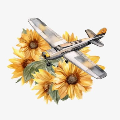 clip art ,airplane sunflowers watercolor , no background