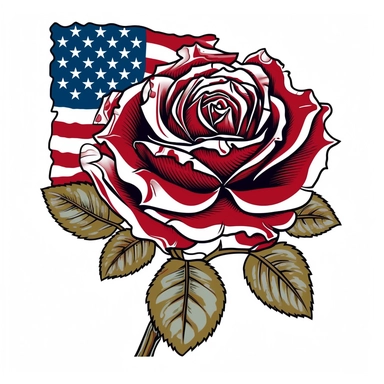 a rose with american flag colors rendered on a pure white background, t-shirt design graphic, vector, clipart, isolated, .75 gutter,