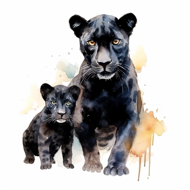 watercolour clipart, black panther and baby panther, full body, domineering, rich earth tones, sublimations