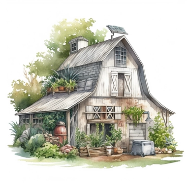 white Gambrel Roofed Barn, painted white, pretty white barn, farmyard with plants trees and farm accessories, detailed watercolor illustration, light color scheme, isolated on white background, white border, clipart