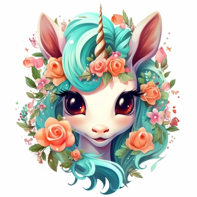 a unicorn made from cute floral flowers clipart, in the style of kawaii aesthetic, digital airbrushing, junglecore, 8k, charming anime characters, tondo, white and cyan
